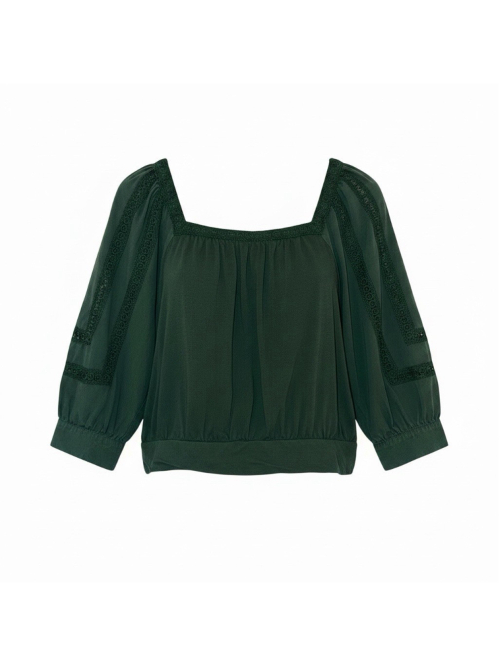 Anthropologie Chela Blouse Top Women's Medium Hunter Green Lace Trim Puff Sleeve